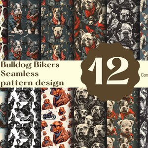 Puede incluir: Un conjunto de 12 patrones digitales sin costuras con bulldog bikers en varias poses y estilos. Los patrones son de varios colores, incluyendo negro, blanco, rojo y azul. El texto "Bulldog Bikers Seamless pattern design" y "12" son visibles en la imagen. El texto "Commercial use" también es visible en la imagen.