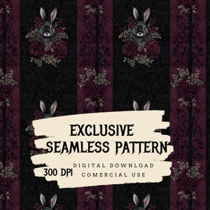 Puede incluir: Un patrón sin costuras con un fondo a rayas negro y burdeos con un diseño repetido de un conejo rodeado de rosas. El texto "EXCLUSIVE SEAMLESS PATTERN" está escrito en blanco sobre un fondo beige. El texto "DIGITAL DOWNLOAD 300 DPI COMMERCIAL USE" está escrito en blanco sobre un fondo beige.