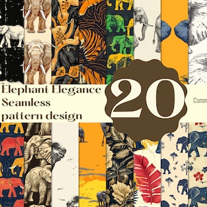 Puede incluir: Un conjunto de 20 patrones digitales sin costuras con elefantes en varias poses y colores. Los patrones son perfectos para crear diseños únicos para telas, papel tapiz y otros proyectos.  Elephant Elegance Seamless pattern design. Uso comercial.