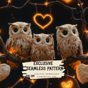 3D Knitted Owl Seamless Pattern - Fluffy Wool Owls in Whimsical Design for Fabric, Wallpaper & Crafts - Digital Download