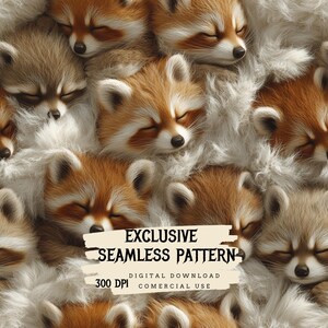May include: A seamless pattern featuring a close-up of multiple red pandas sleeping together. The red pandas are curled up in a pile, with their fur visible. The background is a soft, white, fuzzy material. The text "EXCLUSIVE SEAMLESS PATTERN" is written in black on a white rectangle with a brown outline. Below the text is "DIGITAL DOWNLOAD 300 DPI COMMERCIAL USE" in black text.