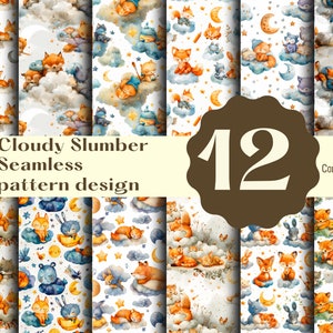 Puede incluir: Doce patrones sin costuras de acuarela con animales adorables durmiendo en nubes con estrellas y lunas. Los patrones son perfectos para telas, papel tapiz y otros proyectos creativos. El texto "Cloudy Slumber Seamless pattern design" y "Commercial use" es visible en la imagen.