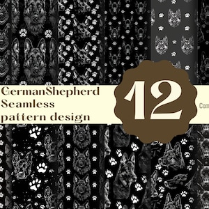 Puede incluir: Doce patrones sin costuras con ilustraciones en blanco y negro de perros pastor alemán y huellas de patas sobre un fondo negro. El texto "German Shepherd Seamless pattern design" se muestra en una pancarta de color crema.