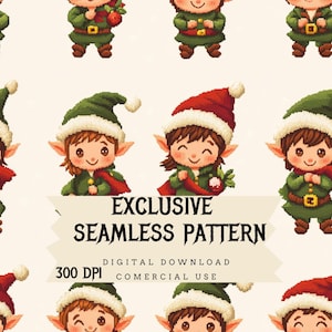 Puede incluir: Un patrón sin costuras que presenta un diseño repetitivo de lindos duendes de dibujos animados que visten atuendos verdes y rojos con ribetes blancos. Los duendes sostienen adornos rojos y verdes. El patrón está etiquetado como "Patrón sin costuras exclusivo" y "300 DPI Descarga digital Uso comercial".