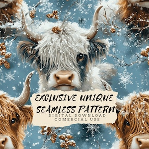 Puede incluir: Un patrón digital sin costuras que presenta una escena invernal con vacas de las tierras altas en un paisaje nevado. El patrón incluye copos de nieve, ramas de pino y piñas. El texto "Exclusive Unique Seamless Pattern Digital Download Commercial Use" se muestra en una pancarta blanca.