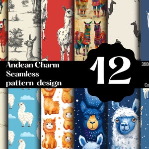 Pode incluir: Um conjunto de 12 padrões digitais sem costura com ilustrações de lhamas em vários estilos e cores. Os padrões são perfeitos para artesanato, scrapbooking e outros projetos criativos. Andean Charm Seamless pattern design. 3600 x 3600 px, 300 DPI, PNG, Uso comercial.