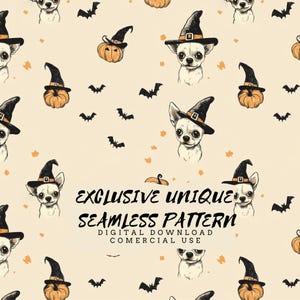 Puede incluir: Un patrón sin costuras que presenta un lindo chihuahua con un sombrero de bruja y sosteniendo una calabaza. El patrón está sobre un fondo crema con murciélagos y estrellas. El texto "Exclusive Unique Seamless Pattern Digital Download Commercial Use" está en la parte inferior de la imagen.