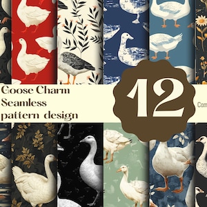 Puede incluir: Una colección de 12 diseños de patrones sin costuras con gansos en varios entornos. Los patrones incluyen gansos sobre fondos rojos, negros y azules, con elementos florales y de follaje. El texto "Goose Charm Seamless pattern design" es visible.