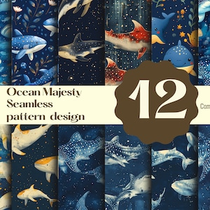 Puede incluir: Un conjunto de 12 patrones digitales sin costuras que presentan varios tiburones y vida marina en un estilo de acuarela. Los patrones están sobre un fondo azul oscuro con acentos de purpurina dorada. El texto "Ocean Majesty Seamless pattern design" está en la parte superior de la imagen. El número "12" está en un círculo marrón en el centro de la imagen. El texto "Uso comercial" está en la parte inferior derecha de la imagen.