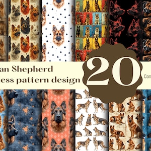 Puede incluir: Un conjunto de 20 patrones digitales sin costuras con perros pastor alemán en varias poses y estilos. Los patrones son perfectos para telas, papel tapiz y otros proyectos creativos. Se permite el uso comercial.