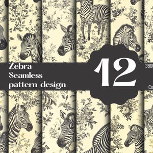 Puede incluir: Un conjunto de 12 patrones sin costuras con ilustraciones de cebras en blanco y negro sobre un fondo crema con diseños florales negros. El texto "Zebra Seamless pattern design" se muestra en el centro de la imagen. El texto "12" se muestra en una fuente grande en el centro de la imagen. El texto "3600 x 3600 px, 300 DPI, PNG, Uso comercial" se muestra en la esquina inferior derecha de la imagen.
