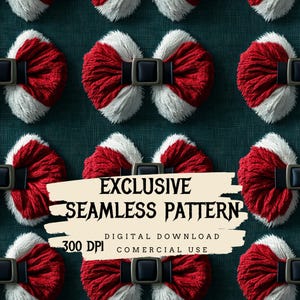 Puede incluir: Un patrón sin costuras con lazos rojos y blancos peludos con hebillas negras. El patrón está etiquetado como "EXCLUSIVE SEAMLESS PATTERN" con el texto "DIGITAL DOWNLOAD 300 DPI COMMERCIAL USE".