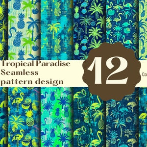 Puede incluir: Doce patrones sin costuras que presentan elementos tropicales en un esquema de color azul, verde y amarillo. Los patrones incluyen palmeras, piñas y flamencos. El texto "Tropical Paradise Seamless pattern design" se muestra en la parte superior de la imagen. El texto "Commercial use" se muestra en la parte inferior de la imagen.