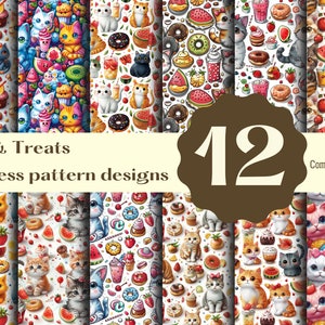 Puede incluir: Doce diseños de patrones sin costuras con lindos gatos de dibujos animados y varias golosinas, que incluyen donas, sandía, helado y cupcakes. Los patrones están sobre un fondo blanco y son perfectos para proyectos digitales o impresos.