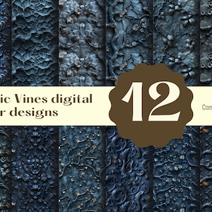 Puede incluir: Doce diseños de papel digital con un patrón de vid gótica en tonos azules con acentos dorados. El texto "Gothic Vines digital paper designs" y "Commercial use" es visible en la imagen.