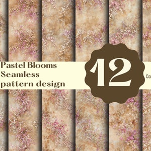 Puede incluir: Un conjunto de 12 patrones de papel digital sin costuras con un diseño floral pastel sobre un fondo beige. El texto "Pastel Blooms Seamless pattern design" y "Commercial use" es visible en la imagen.