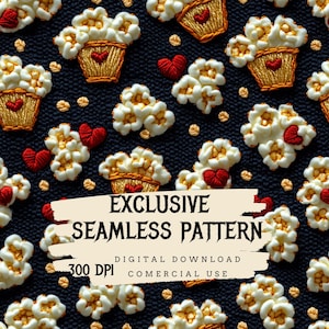 Puede incluir: Un patrón sin costuras que presenta un diseño repetitivo de palomitas de maíz en una cesta con un corazón rojo. El fondo es negro y las palomitas de maíz son blancas con detalles dorados. El texto "EXCLUSIVE SEAMLESS PATTERN" está escrito en blanco sobre un fondo beige. El texto "DIGITAL DOWNLOAD 300 DPI COMMERCIAL USE" está escrito en blanco sobre un fondo beige.