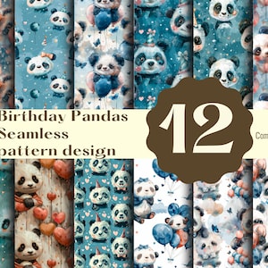 Seamless Pattern of Cute Cartoon Pandas at Birthday Party Watercolor Design for Fabric Sublimation, Digital Paper, and Wallpaper