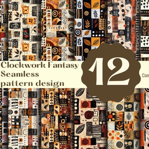 Puede incluir: Doce diseños de patrones sin costuras en estilo geométrico con colores negro, blanco, naranja y marrón. Los patrones presentan formas abstractas, hojas y espirales. El texto "Clockwork Fantasy Seamless pattern design" está en la parte superior de la imagen. El texto "Commercial use" está en la parte inferior de la imagen.