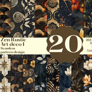 Puede incluir: Un conjunto de 20 patrones digitales sin costuras en un estilo Art Deco rústico zen. Los patrones presentan una variedad de diseños geométricos y florales en oro, negro y blanco sobre un fondo oscuro. Los patrones son de 3600 x 3600 píxeles y 300 DPI.