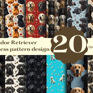 Puede incluir: 20 patrones sin costuras diferentes con perros Labrador Retriever en varias poses y colores. Los patrones incluyen Labrador Retrievers negros, amarillos y marrones, así como huesos y otras imágenes relacionadas con perros. El texto "Labrador Retriever Seamless pattern design" y "20" son visibles en la imagen. El texto "Commercial use" también es visible en la imagen.