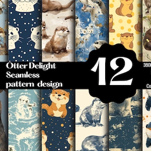 Puede incluir: Un conjunto de 12 patrones digitales sin costuras con adorables nutrias en varias poses y estilos. Los patrones están en una variedad de colores, incluyendo azul, verde, amarillo y marrón. Los patrones son perfectos para usar en scrapbooking, creación de tarjetas y otros proyectos de manualidades.  Otter Delight Seamless pattern design. 3600 x 3600 px 300 DPI PNG Commercial use