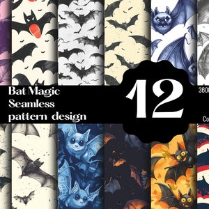 Puede incluir: Un conjunto de 12 patrones digitales sin costuras con murciélagos en varios estilos. Los patrones son de diferentes colores, incluyendo negro, blanco, azul, rojo y amarillo. El texto "Bat Magic Seamless pattern design" se muestra en una pancarta negra.