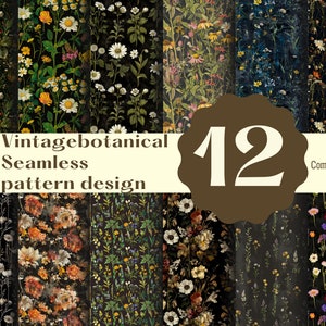 Puede incluir: Un conjunto de 12 patrones sin costuras de botánica vintage que presentan varias flores y plantas sobre un fondo negro. El texto "Vintagebotanical Seamless pattern design" y el número "12" se muestran en una etiqueta marrón. El texto "Commercial use" también se muestra en la etiqueta.