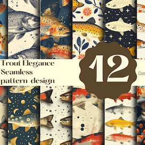 May include: Twelve seamless patterns featuring trout in various colors and designs. The patterns include trout on a blue background, trout on a white background, trout on a black background, and trout on a cream background. The text "Trout Elegance Seamless pattern design" is displayed at the top of the image. The text "12" is displayed in a brown circle in the center of the image. The text "Commercial use" is displayed at the bottom of the image.