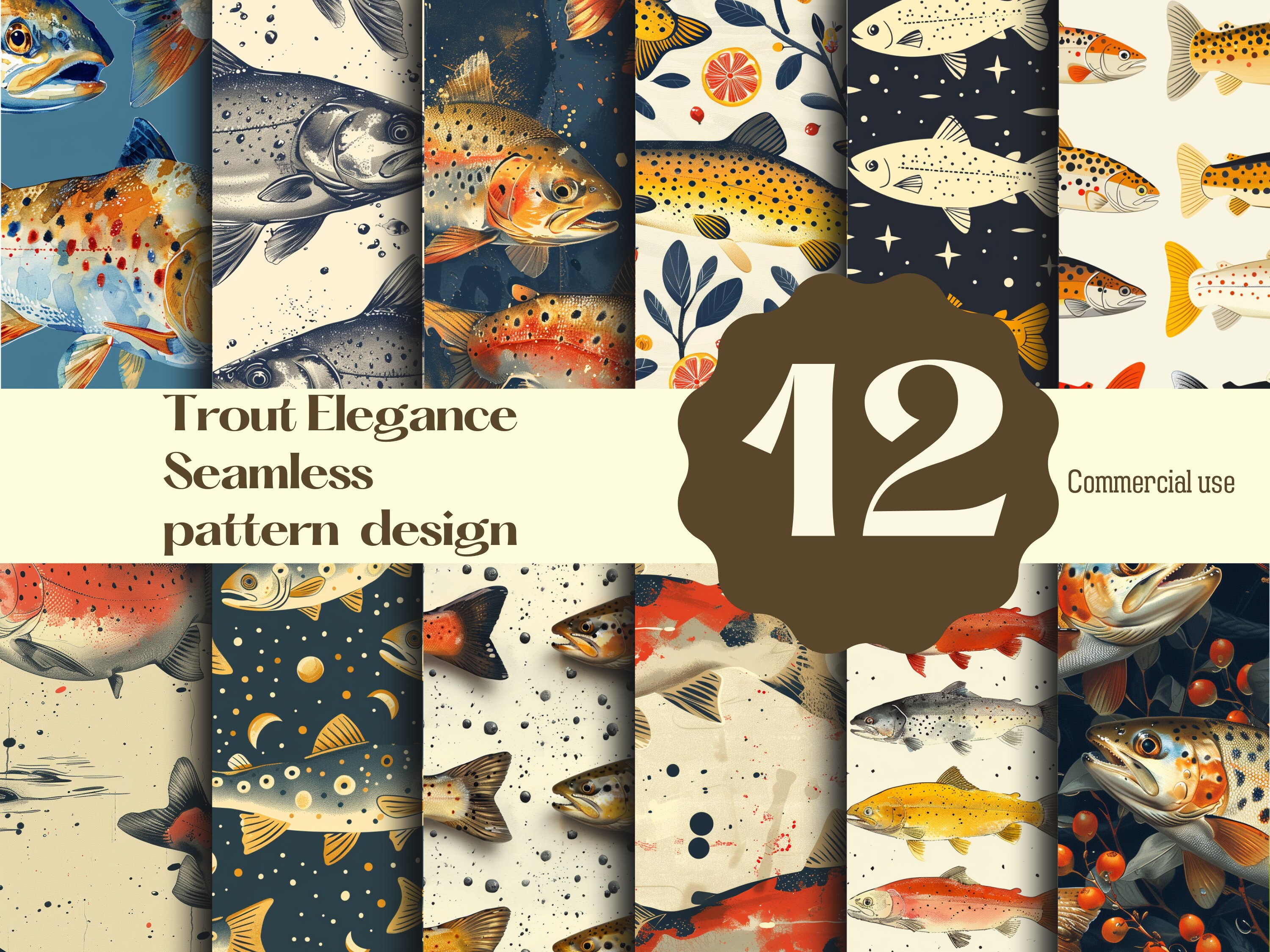 Whimsical Trout Fish Seamless Pattern Digital paper Ideal for Wallpaper, Scrapbooking, and DIY Crafts