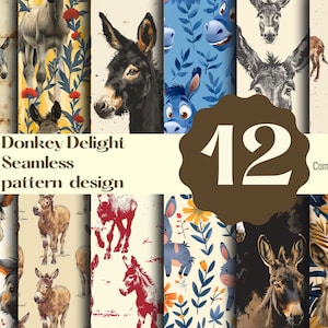 Puede incluir: Un collage de 12 patrones sin costuras con burros en varias poses y estilos. Los patrones incluyen diseños florales, geométricos y de dibujos animados. El texto "Donkey Delight Seamless pattern design" y "12" se muestran en el centro de la imagen. El texto "Commercial use" se muestra en la esquina inferior derecha.