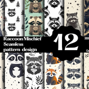 Puede incluir: Un conjunto de 12 diseños de patrones sin costuras con mapaches en varias poses y entornos. Los patrones son en negro, blanco y tonos marrones, algunos con bayas rojas y hojas verdes. El texto "Raccoon Mischief Seamless pattern design" y "12" es visible en la imagen. El texto "3600 x 3600 px, 300 DPI, PNG, Commercial use" también es visible.