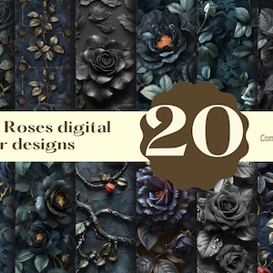 Puede incluir: Una colección de 20 diseños de papel digital de rosas oscuras. Los diseños presentan varias rosas oscuras en tonos de negro, azul y rojo, con detalles dorados. También se ve el texto "Dark Roses digital paper designs" y "Commercial use".