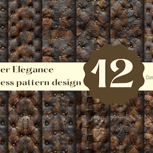 Puede incluir: Un diseño de patrón sin costuras que presenta una textura de cuero marrón con un patrón acolchado y tachuelas metálicas. El diseño está etiquetado como "Leather Elegance" y "12" con el texto "Commercial use".