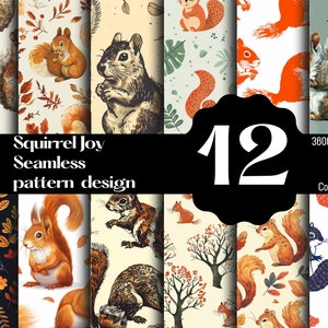 Puede incluir: Un conjunto de 12 patrones digitales sin costuras con ardillas en varias poses y colores. Los patrones son perfectos para manualidades, scrapbooking y otros proyectos creativos.  "Squirrel Joy Seamless pattern design" está escrito en texto negro sobre un fondo negro.