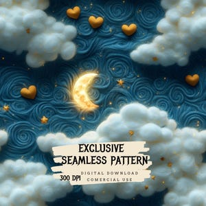 3D Knitted Night Sky Pattern - Moon & Gold Stars Seamless Design for Wallpaper, Crafts - Digital Download
