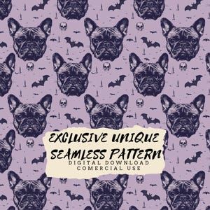 Puede incluir: Un patrón sin costuras que presenta un diseño repetitivo de un bulldog francés con siluetas de calavera y murciélago sobre un fondo morado claro. El texto "Exclusive Unique Seamless Pattern Digital Download Commercial Use" se muestra en una pancarta de papel rasgado blanco.