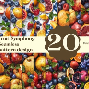 Puede incluir: Una colección de 20 patrones sin costuras con varias frutas, incluyendo naranjas, manzanas, arándanos, fresas y cerezas. Los patrones están dispuestos en una cuadrícula con el texto "Fruit Symphony Seamless pattern design" y "Commercial use" en la parte superior e inferior.