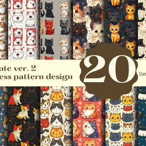 May include: A set of 20 digital seamless patterns featuring cute cartoon cats in various poses and colors. The patterns are perfect for crafting, scrapbooking, and other creative projects.  "Cat Cute ver. 2 Seamless pattern design" and "Commercial use" are written on the image.