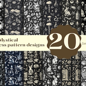 Puede incluir: Un conjunto de 20 patrones sin costuras en blanco y negro con elementos místicos como conejos, calaveras, serpientes, pociones y libros. El texto "Dark Mystical Seamless pattern designs" y "Commercial use" también se incluye en la imagen.