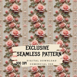 Puede incluir: Un patrón sin costuras con rosas rosadas con hojas verdes sobre un fondo beige con un diseño de encaje blanco. El texto "EXCLUSIVE SEAMLESS PATTERN" está escrito en negro sobre un fondo blanco con un efecto de pincelada. El texto "DIGITAL DOWNLOAD 300 DPI COMMERCIAL USE" está escrito en negro sobre un fondo blanco.