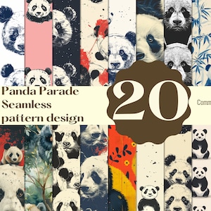 Puede incluir: Un conjunto de 20 patrones sin costuras con temática de panda en varios estilos, que incluyen acuarela, blanco y negro y diseños gráficos. Los patrones son perfectos para telas, papel tapiz y otros proyectos creativos. "Panda Parade Seamless pattern design" y "Commercial use" están escritos en la imagen.