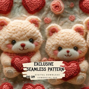 May include: Two plush teddy bears holding pink hearts. The bears are light peach in color and have embroidered faces. The background is a light brown fuzzy fabric with pink flowers and hearts.
