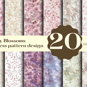 Puede incluir: Un conjunto de 20 patrones digitales sin costuras con flores de cerezo en varios colores y estilos. Los patrones son perfectos para crear fondos, scrapbooking y otros proyectos de manualidades. Se permite el uso comercial.