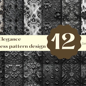 Pode incluir: Um conjunto de 12 padrões de renda preto e branco, com desenhos florais e geométricos. Os padrões são sem costura e podem ser usados para uma variedade de projetos, incluindo tecidos, papel de parede e design digital. O texto "Lace Elegance Seamless pattern design" e "Commercial use" é visível na imagem.