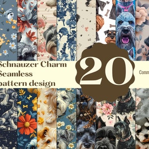 Puede incluir: Un conjunto de 20 patrones digitales sin costuras con schnauzers miniatura en varias poses y entornos. Los patrones incluyen diseños florales, formas geométricas y motivos lúdicos de huesos de perro. El texto "Schnauzer Charm Seamless pattern design" y "Commercial use" es visible en la imagen.