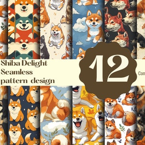 May include: A set of 12 digital seamless patterns featuring Shiba Inu dogs in various poses and settings. The patterns include a variety of colours and designs, such as floral, geometric, and abstract. The text "Shiba Delight Seamless pattern design" and "12" are visible in the image. "Commercial use" is also visible in the image.