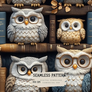 Puede incluir: Un patrón sin costuras que presenta un diseño repetitivo de búhos con gafas y posados ​​sobre libros. Los búhos son marrones, grises y blancos con plumas esponjosas. Los libros son marrones con detalles dorados. El fondo es azul oscuro.