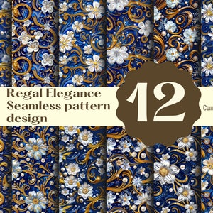 Royal Blue and Yellow Glitter Swirls Digital Paper - Seamless Pattern with Pearls and White Flowers for Crafts, Fabrics & Elegant Decor
