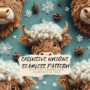3D gestrickte Highland Kuh Weihnachten nahtlos, digitales Papier für Feiertags-Scrapbooking, Tapeten und DIY-Bastelarbeiten